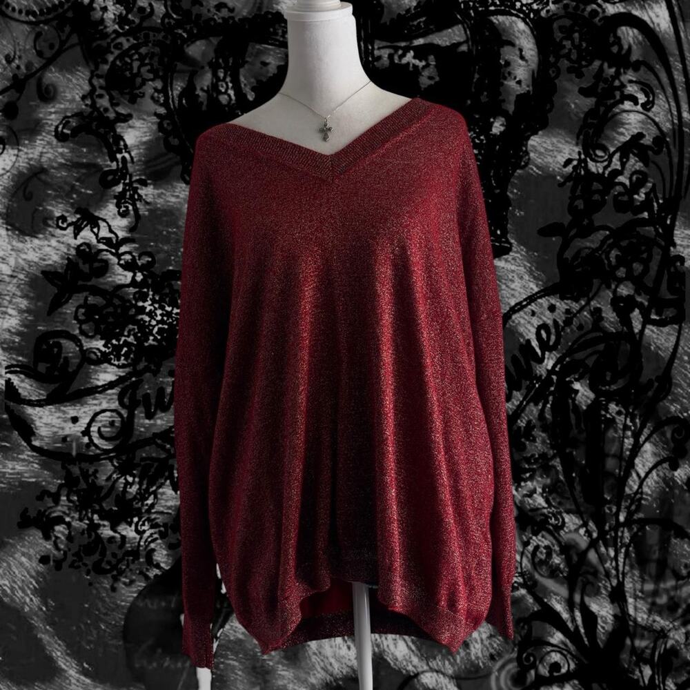 glittery glamour deep red burgundy v neck glittery long sleeve blouse top